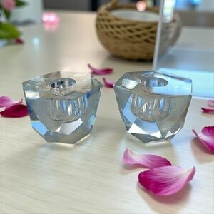 VTG 1950s Set of 2 Candleholders Hand Cut Crystal Glass Geometric Japan 2”x3”